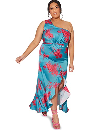 Chi Chi London Damen Plus Size One Shoulder Floral Printed Midi Dress in Teal Kleid, 22 von Chi Chi London