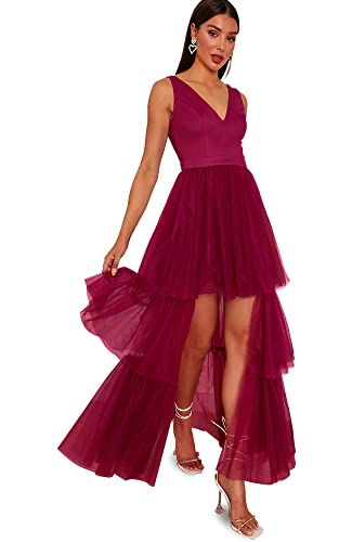 Chi Chi London Damen V-Ausschnitt und gestuftem Tüll in Berry Kleid, Beere, 38 (UK 12) von Chi Chi London