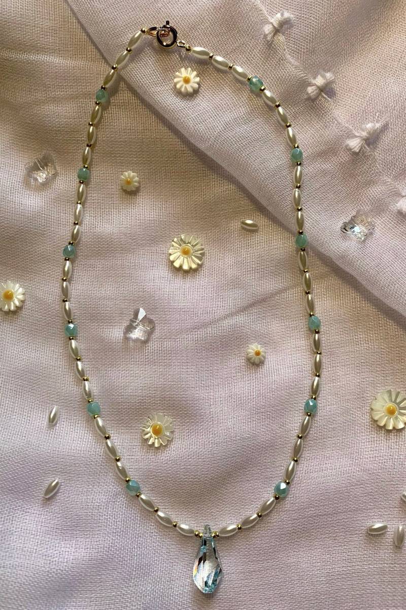 Seabead Necklace With Blue Glass Pearls & Swarovski Charm von ChiJewelryOnlineShop