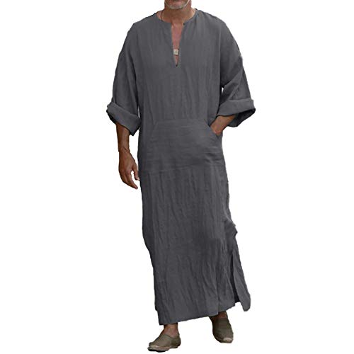 Chiatai Herren-Kaftan, lässig, ethnisch, muslimisch, Thobe, Leinen, lange Ärmel, Naher Osten, Saudi-arabische Robe, Kleider mit Taschen, grau, XL von Chiatai