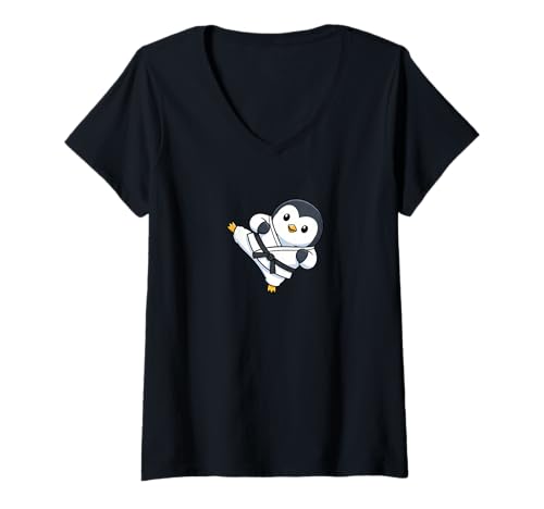 Damen Lustiger süßer Karate-Pinguin für Kinder, Kampfsport T-Shirt mit V-Ausschnitt von Chibi Martial Arts Penguin Kick Design