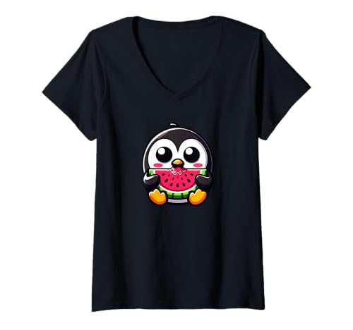 Damen Niedliches Pinguin-Wassermelonen-Design, Kawaii-Chibi-Design T-Shirt mit V-Ausschnitt Damen Niedliches Pinguin-Wassermelonen-Design, Kawaii-Chibi-Design T-Shirt mit V-Ausschnitt von Chibi Penguin Watermelon Lover