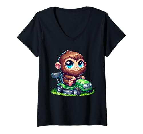 Damen Niedlicher Chibi Bigfoot Rasenmäher Gartenarbeit Cartoony T-Shirt mit V-Ausschnitt von Chibi Sasquatch Lawn Care Designs