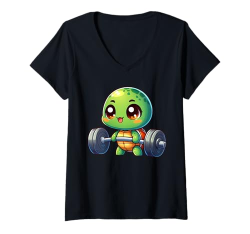 Damen Niedliche Chibi Turtle Gewichtheben Gym Lover T-Shirt mit V-Ausschnitt Damen Niedliche Chibi Turtle Gewichtheben Gym Lover T-Shirt mit V-Ausschnitt von Chibi Turtle Fitness Workout Awesome Gym Love