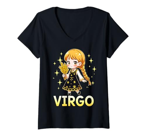 Damen Jungfrau Anime Sternzeichen T-Shirt mit V-Ausschnitt Damen Jungfrau Anime Sternzeichen T-Shirt mit V-Ausschnitt von Chibi Virgo Zodiac Anime