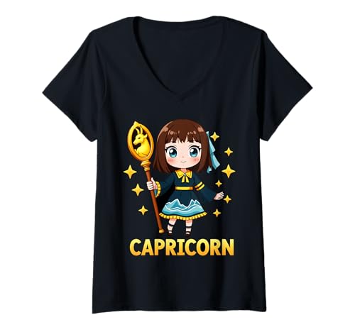 Damen Steinbock Anime Sternzeichen T-Shirt mit V-Ausschnitt von Chibi Zodiac Anime Capricorn Fashion Tees