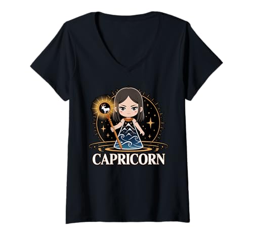 Damen Steinbock Anime Sternzeichen T-Shirt mit V-Ausschnitt Damen Steinbock Anime Sternzeichen T-Shirt mit V-Ausschnitt von Chibi Zodiac Anime Capricorn Fashion Tees