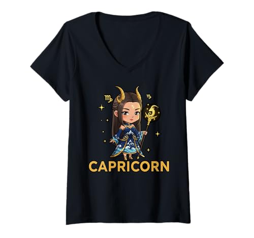 Damen Steinbock Anime Sternzeichen T-Shirt mit V-Ausschnitt von Chibi Zodiac Anime Capricorn Fashion Tees