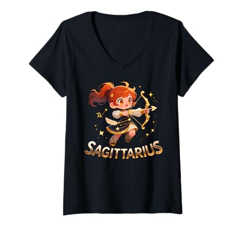 Damen Tierkreiszeichen Schütze Anime Archer T-Shirt mit V-Ausschnitt Damen Tierkreiszeichen Schütze Anime Archer T-Shirt mit V-Ausschnitt von Chibi Zodiac Sagittarius Anime Art Style