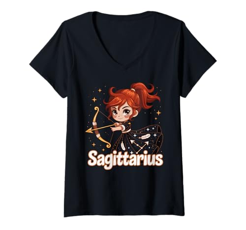 Damen Tierkreiszeichen Schütze Anime Archer T-Shirt mit V-Ausschnitt Damen Tierkreiszeichen Schütze Anime Archer T-Shirt mit V-Ausschnitt von Chibi Zodiac Sagittarius Anime Art Style