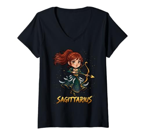 Damen Tierkreiszeichen Schütze Anime Archer T-Shirt mit V-Ausschnitt Damen Tierkreiszeichen Schütze Anime Archer T-Shirt mit V-Ausschnitt von Chibi Zodiac Sagittarius Anime Art Style