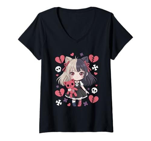 Damen Goth Emo Girl mit Teddybear Gothic Chibi Anime mädchen T-Shirt mit V-Ausschnitt von Chibi style Manga Anime Designs für Mädels