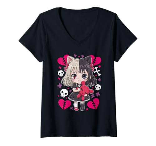 Damen Goth Emo Girl mit Teddybear Gothic Chibi Anime mädchen T-Shirt mit V-Ausschnitt von Chibi style Manga Anime Designs für Mädels
