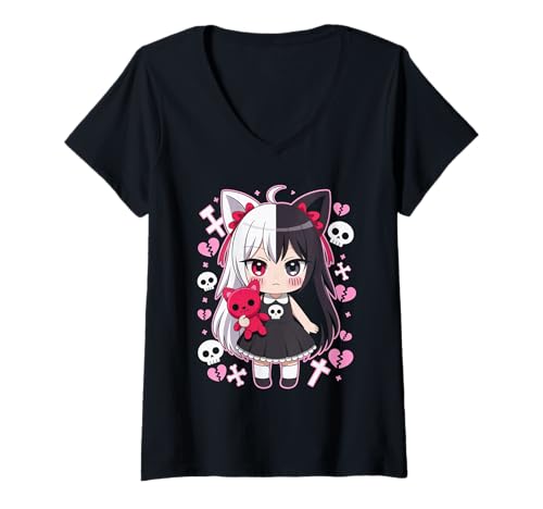 Damen Goth Emo Girl mit Teddybear Gothic Chibi Anime mädchen T-Shirt mit V-Ausschnitt von Chibi style Manga Anime Designs für Mädels