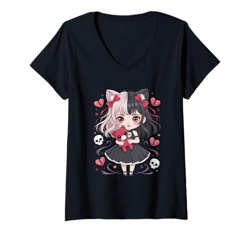 Damen Goth Emo Girl mit Teddybear Gothic Chibi Anime mädchen T-Shirt mit V-Ausschnitt von Chibi style Manga Anime Designs für Mädels