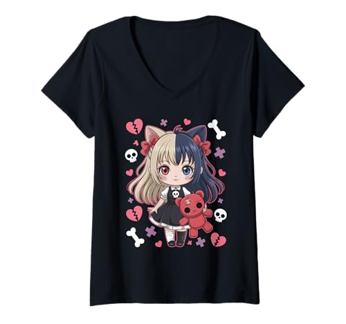 Damen Goth Emo Girl mit Teddybear Gothic Chibi Anime mädchen T-Shirt mit V-Ausschnitt von Chibi style Manga Anime Designs für Mädels