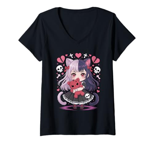Damen Goth Emo Girl mit Teddybear Gothic Chibi Anime mädchen T-Shirt mit V-Ausschnitt von Chibi style Manga Anime Designs für Mädels