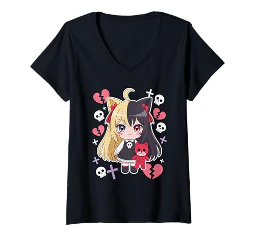 Damen Goth Emo Girl mit Teddybear Gothic Chibi Anime mädchen T-Shirt mit V-Ausschnitt von Chibi style Manga Anime Designs für Mädels