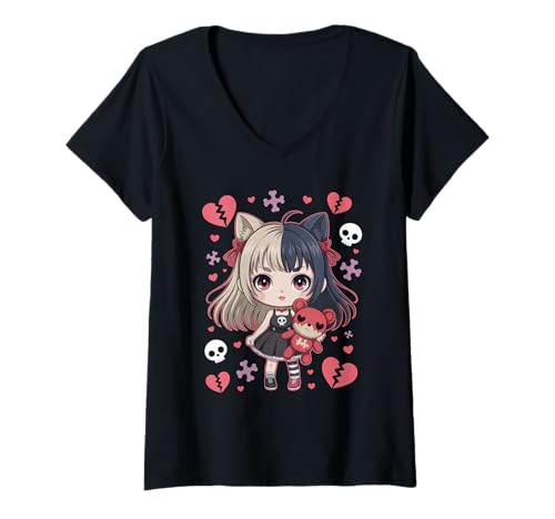 Damen Goth Emo Girl mit Teddybear Gothic Chibi Anime mädchen T-Shirt mit V-Ausschnitt von Chibi style Manga Anime Designs für Mädels