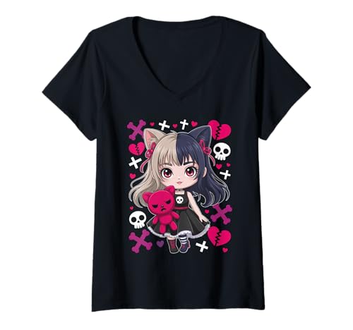 Damen Goth Emo Girl mit Teddybear Gothic Chibi Anime mädchen T-Shirt mit V-Ausschnitt von Chibi style Manga Anime Designs für Mädels
