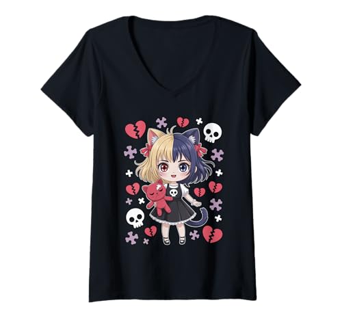 Damen Goth Emo Girl mit Teddybear Gothic Chibi Anime mädchen T-Shirt mit V-Ausschnitt von Chibi style Manga Anime Designs für Mädels