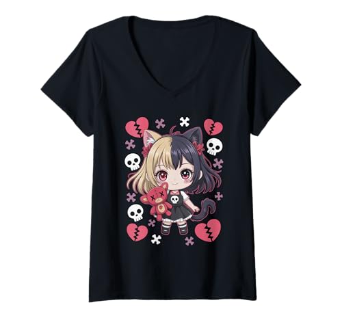 Damen Goth Emo Girl mit Teddybear Gothic Chibi Anime mädchen T-Shirt mit V-Ausschnitt von Chibi style Manga Anime Designs für Mädels