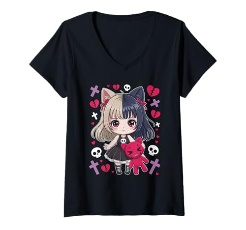 Damen Goth Emo Girl mit Teddybear Gothic Chibi Anime mädchen T-Shirt mit V-Ausschnitt von Chibi style Manga Anime Designs für Mädels