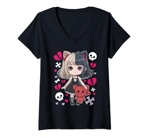 Damen Goth Emo Girl mit Teddybear Gothic Chibi Anime mädchen T-Shirt mit V-Ausschnitt von Chibi style Manga Anime Designs für Mädels