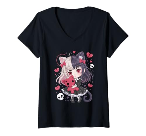 Damen Goth Emo Girl mit Teddybear Gothic Chibi Anime mädchen T-Shirt mit V-Ausschnitt von Chibi style Manga Anime Designs für Mädels