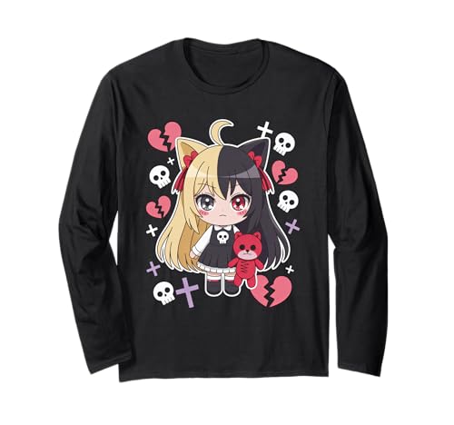 Goth Emo Girl mit Teddybear Gothic Chibi Anime mädchen Langarmshirt von Chibi style Manga Anime Designs für Mädels