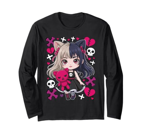 Goth Emo Girl mit Teddybear Gothic Chibi Anime mädchen Langarmshirt von Chibi style Manga Anime Designs für Mädels