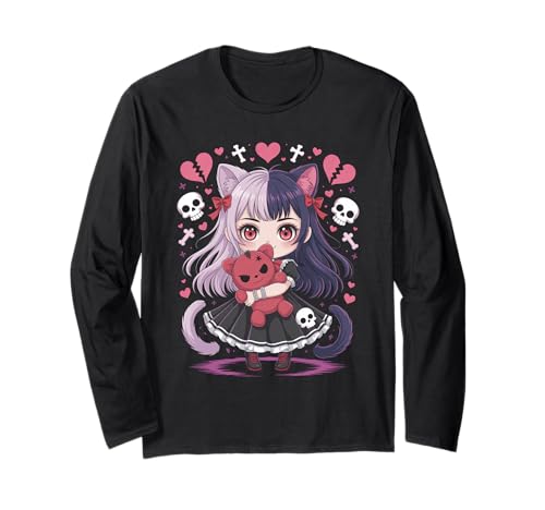 Goth Emo Girl mit Teddybear Gothic Chibi Anime mädchen Langarmshirt von Chibi style Manga Anime Designs für Mädels