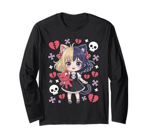 Goth Emo Girl mit Teddybear Gothic Chibi Anime mädchen Langarmshirt von Chibi style Manga Anime Designs für Mädels