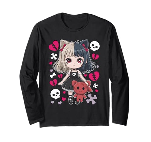 Goth Emo Girl mit Teddybear Gothic Chibi Anime mädchen Langarmshirt von Chibi style Manga Anime Designs für Mädels