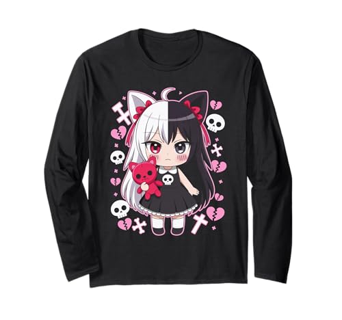 Goth Emo Girl mit Teddybear Gothic Chibi Anime mädchen Langarmshirt von Chibi style Manga Anime Designs für Mädels