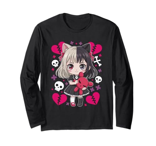 Goth Emo Girl mit Teddybear Gothic Chibi Anime mädchen Langarmshirt von Chibi style Manga Anime Designs für Mädels