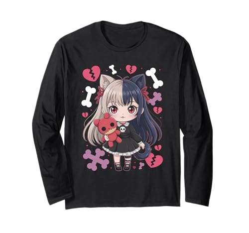 Goth Emo Girl mit Teddybear Gothic Chibi Anime mädchen Langarmshirt von Chibi style Manga Anime Designs für Mädels