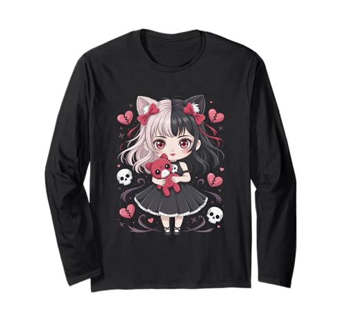 Goth Emo Girl mit Teddybear Gothic Chibi Anime mädchen Langarmshirt von Chibi style Manga Anime Designs für Mädels