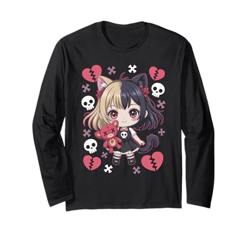 Goth Emo Girl mit Teddybear Gothic Chibi Anime mädchen Langarmshirt von Chibi style Manga Anime Designs für Mädels