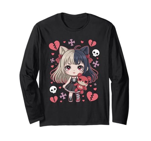 Goth Emo Girl mit Teddybear Gothic Chibi Anime mädchen Langarmshirt von Chibi style Manga Anime Designs für Mädels
