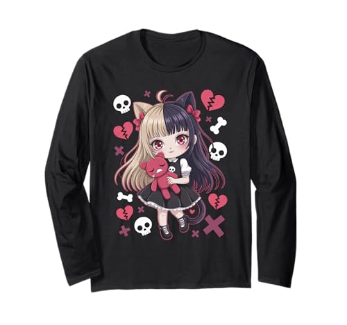 Goth Emo Girl mit Teddybear Gothic Chibi Anime mädchen Langarmshirt von Chibi style Manga Anime Designs für Mädels