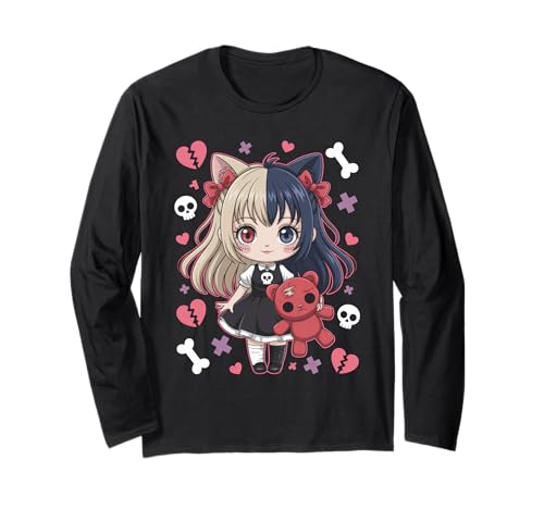Goth Emo Girl mit Teddybear Gothic Chibi Anime mädchen Langarmshirt von Chibi style Manga Anime Designs für Mädels