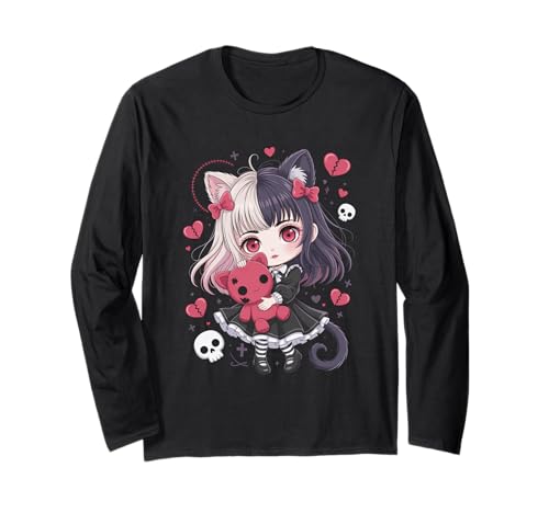 Goth Emo Girl mit Teddybear Gothic Chibi Anime mädchen Langarmshirt von Chibi style Manga Anime Designs für Mädels