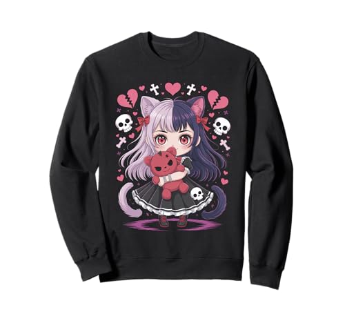 Goth Emo Girl mit Teddybear Gothic Chibi Anime mädchen Sweatshirt von Chibi style Manga Anime Designs für Mädels