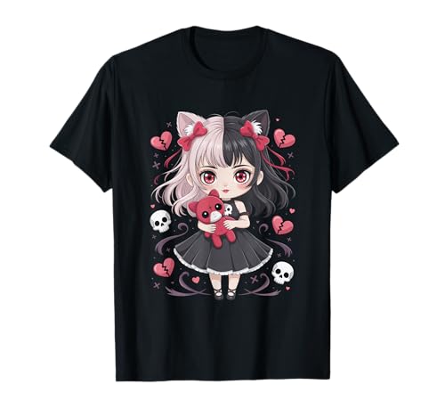Goth Emo Girl mit Teddybear Gothic Chibi Anime mädchen T-Shirt von Chibi style Manga Anime Designs für Mädels