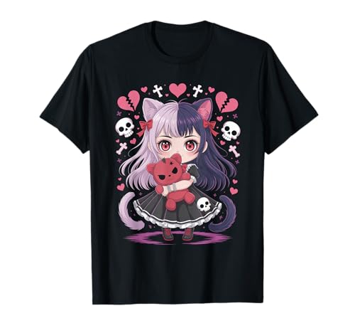 Goth Emo Girl mit Teddybear Gothic Chibi Anime mädchen T-Shirt von Chibi style Manga Anime Designs für Mädels