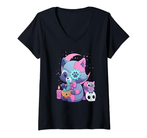 Damen Weiche Grunge -Ästhetik Kawaii gruseliger Waschbär isst T-Shirt mit V-Ausschnitt Damen Weiche Grunge -Ästhetik Kawaii gruseliger Waschbär isst T-Shirt mit V-Ausschnitt von Chibi süße Ramen -Kreatur -Kleidung Halloween