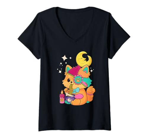 Damen Weicher Grunge -Ästhetik Kawaii gruseliger Welpe Ramen isst T-Shirt mit V-Ausschnitt Damen Weicher Grunge -Ästhetik Kawaii gruseliger Welpe Ramen isst T-Shirt mit V-Ausschnitt von Chibi süße Ramen -Kreatur -Kleidung Halloween