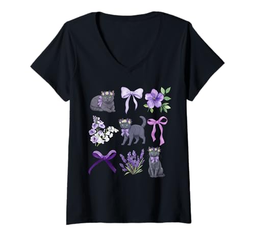 Damen Coquette Cat Russische Blaue Toile-Schleife und Blumenmuster T-Shirt mit V-Ausschnitt Damen Coquette Cat Russische Blaue Toile-Schleife und Blumenmuster T-Shirt mit V-Ausschnitt von Chic Coquette Pets