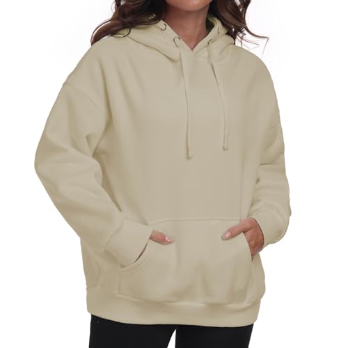 Chic Defend Damen Kapuzenpullover Oversize Fleece Hoodie Sweatshirt Winter Warm Langarm Kapuze Pullover Casual Herbst Basic Kapuzenpulli mit Taschen, Khaki, M von Chic Defend